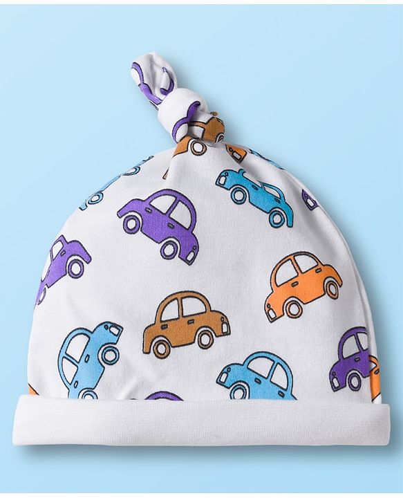 Babyhug 100% Cotton Knit Cap with Vehicle Print Pack of 2 White & Orange - 14 cm Diameter