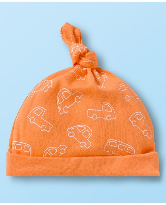 Babyhug 100% Cotton Knit Cap with Vehicle Print Pack of 2 White & Orange - 14 cm Diameter
