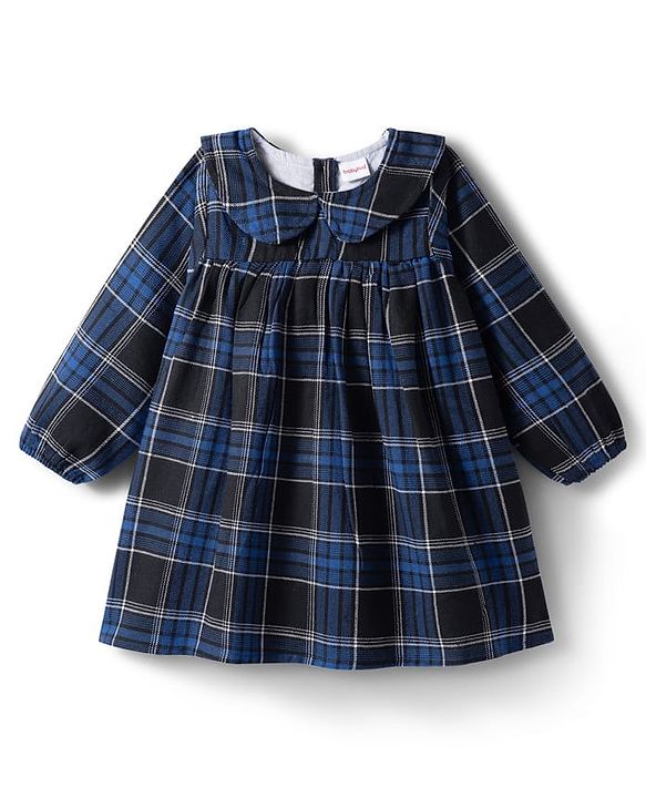 Babyhug Cotton Woven Full Sleeves Checkered Peter Pan Collared Frock - Blue