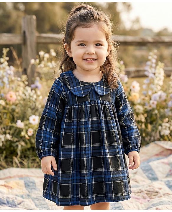 Babyhug Cotton Woven Full Sleeves Checkered Peter Pan Collared Frock - Blue