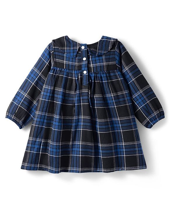 Babyhug Cotton Woven Full Sleeves Checkered Peter Pan Collared Frock - Blue