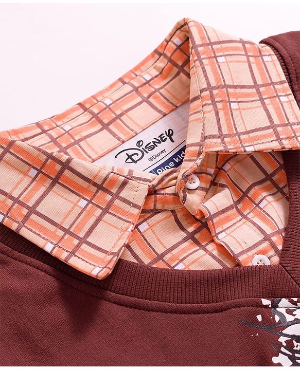 Pine Kids Disney Terry Knit Full Sleeves Overlap Sweatshirt With Lion King Graphics & Collar Detailing - Brown