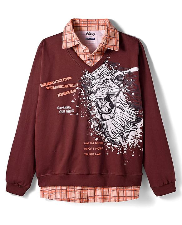 Pine Kids Disney Terry Knit Full Sleeves Overlap Sweatshirt With Lion King Graphics & Collar Detailing - Brown