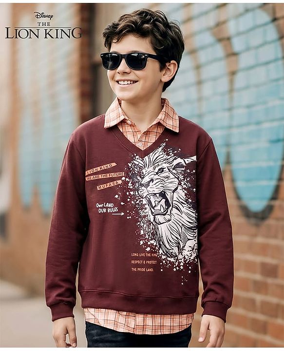 Pine Kids Disney Terry Knit Full Sleeves Overlap Sweatshirt With Lion King Graphics & Collar Detailing - Brown