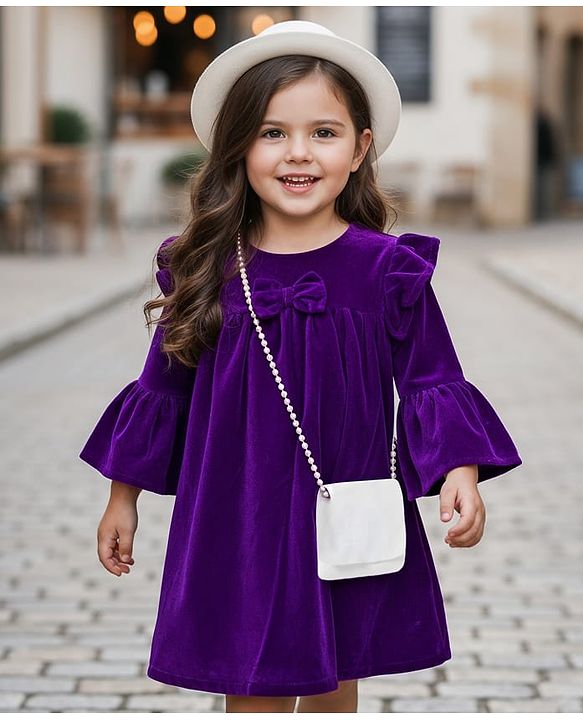 Babyhug Cotton Woven Full Bell Sleeves Solid Color Frock with Sling Bag & Bow Applique - Purple