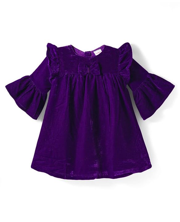 Babyhug Cotton Woven Full Bell Sleeves Solid Color Frock with Sling Bag & Bow Applique - Purple