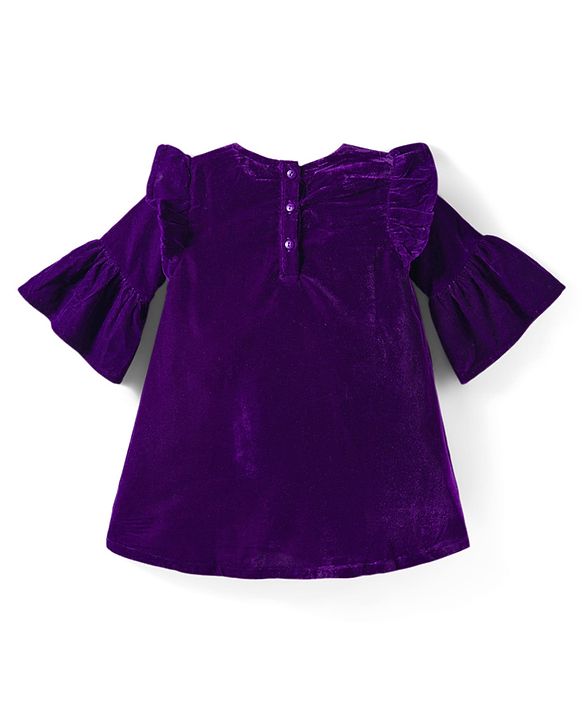 Babyhug Cotton Woven Full Bell Sleeves Solid Color Frock with Sling Bag & Bow Applique - Purple