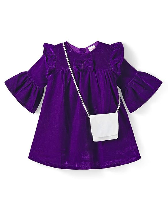 Babyhug Cotton Woven Full Bell Sleeves Solid Color Frock with Sling Bag & Bow Applique - Purple