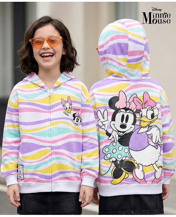 Pine Kids Disney Terry Knit Full Sleeves Hooded Sweatjacket With Front and Back Minnie & Daisy Graphics - White