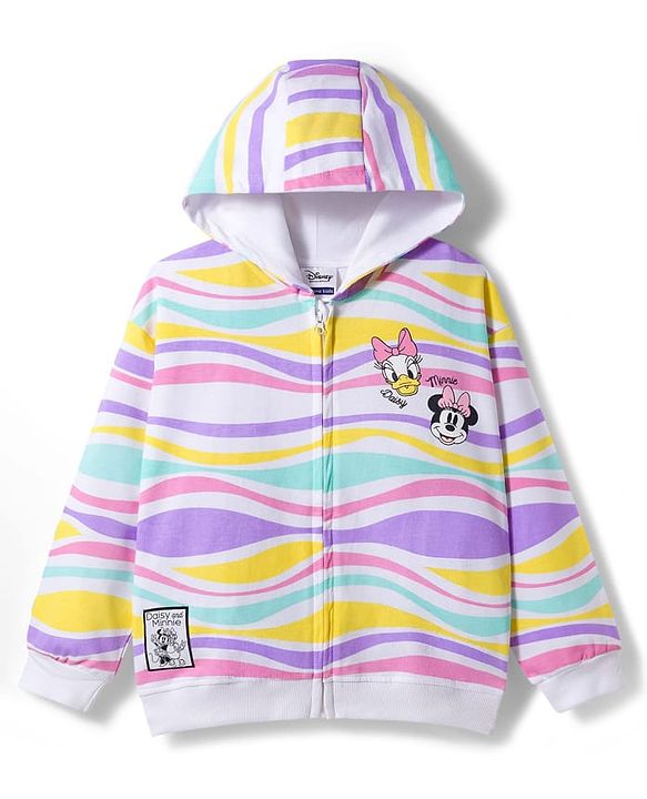 Pine Kids Disney Terry Knit Full Sleeves Hooded Sweatjacket With Front and Back Minnie & Daisy Graphics - White