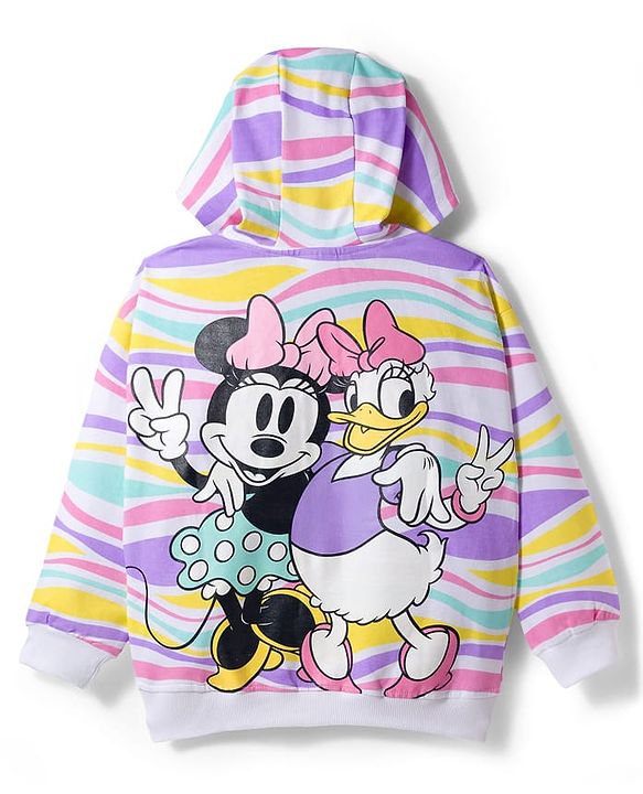 Pine Kids Disney Terry Knit Full Sleeves Hooded Sweatjacket With Front and Back Minnie & Daisy Graphics - White
