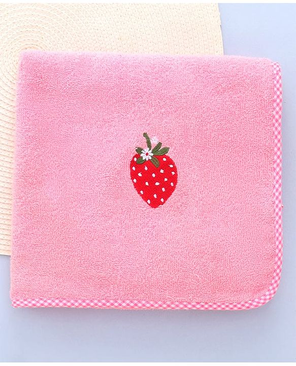 Babyhug Cotton Terry Woven Bath Towel With Strawberry Embroidery L 96 x B 46 cm - Baby Pink