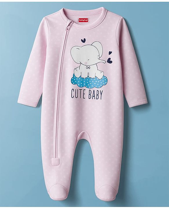 Babyhug Cotton Knit Full Sleeves Sleepsuit With Animal Print - Pink