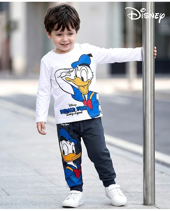 Babyhug Disney Single Jersey Knit Full Sleeves T-Shirt and Track Pant with Mickey Mouse and Friends Graphic - White & Black