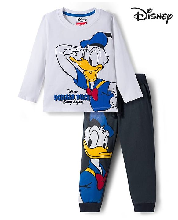 Babyhug Disney Single Jersey Knit Full Sleeves T-Shirt and Track Pant with Mickey Mouse and Friends Graphic - White & Black