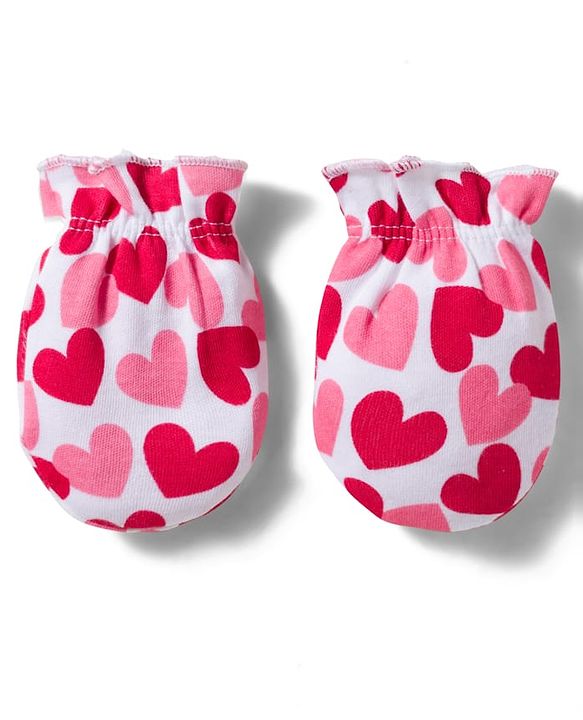 Babyhug 100% Cotton Knit  Mittens & Booties Set with Heart Print - Pink