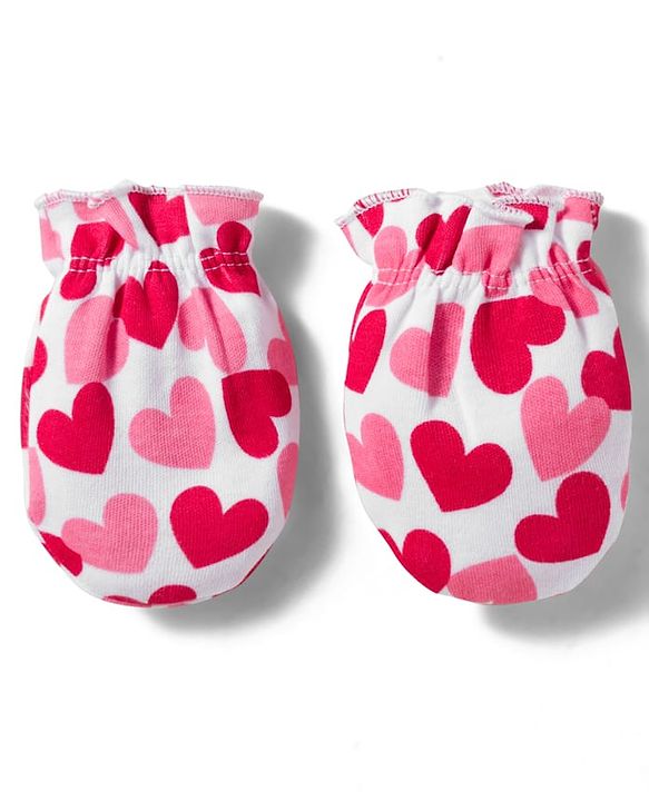 Babyhug 100% Cotton Knit  Mittens & Booties Set with Heart Print - Pink