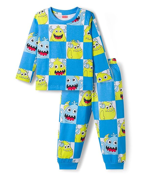 Babyhug Cotton Knit Full Sleeves Co-ords Night Suit With Animal Print - Blue