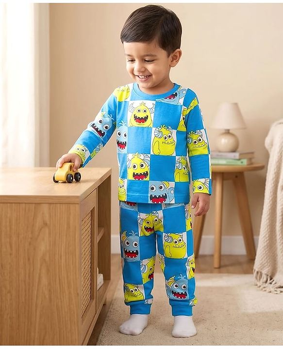 Babyhug Cotton Knit Full Sleeves Co-ords Night Suit With Animal Print - Blue