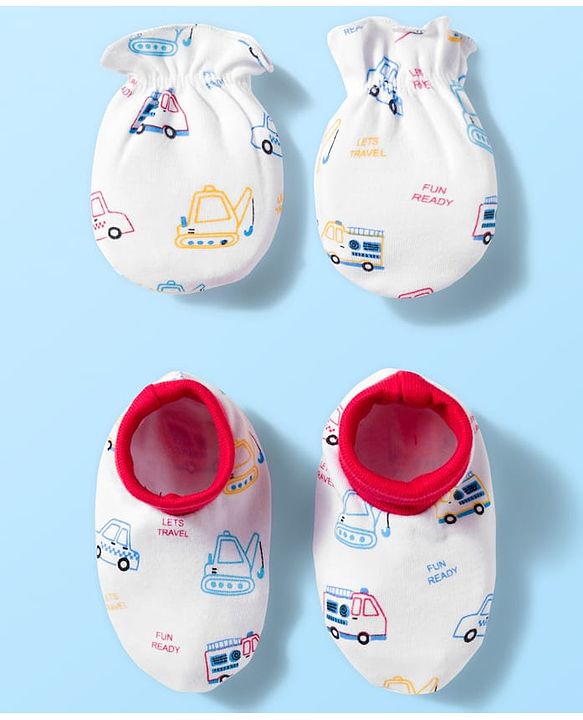 Babyhug 100% Cotton Knit  Mittens & Booties Set with Vehicle Print - White