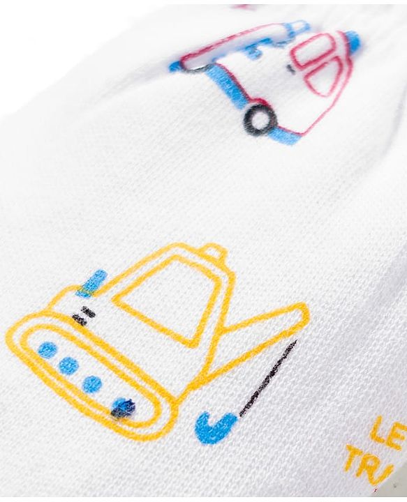 Babyhug 100% Cotton Knit  Mittens & Booties Set with Vehicle Print - White
