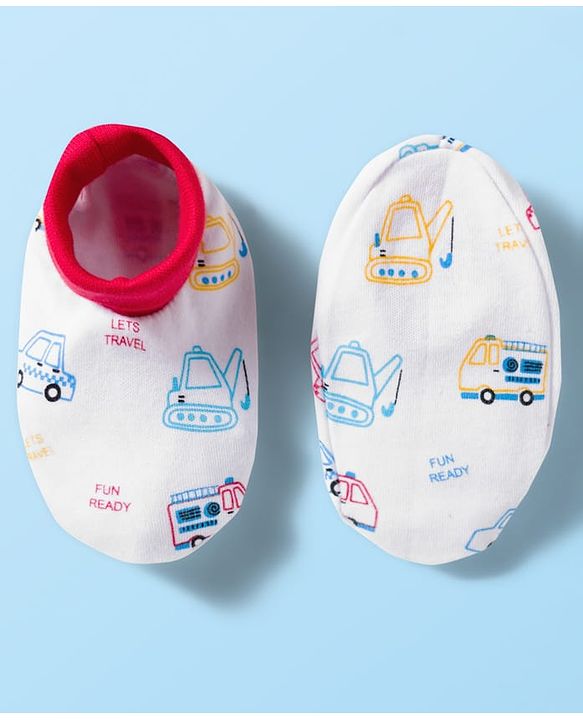 Babyhug 100% Cotton Knit  Mittens & Booties Set with Vehicle Print - White