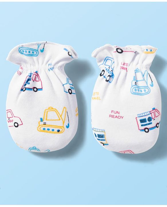 Babyhug 100% Cotton Knit  Mittens & Booties Set with Vehicle Print - White