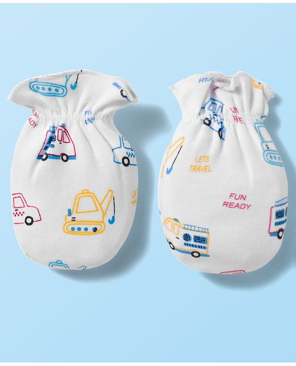 Babyhug 100% Cotton Knit  Mittens & Booties Set with Vehicle Print - White