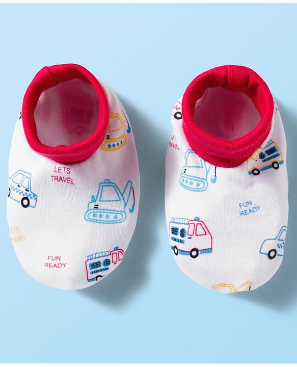 Babyhug 100% Cotton Knit  Mittens & Booties Set with Vehicle Print - White