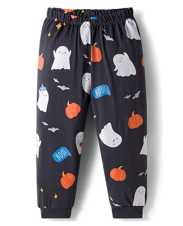 Babyhug Cotton Knit Full Sleeve Night Suit with Ghost Print - Charcoal Grey