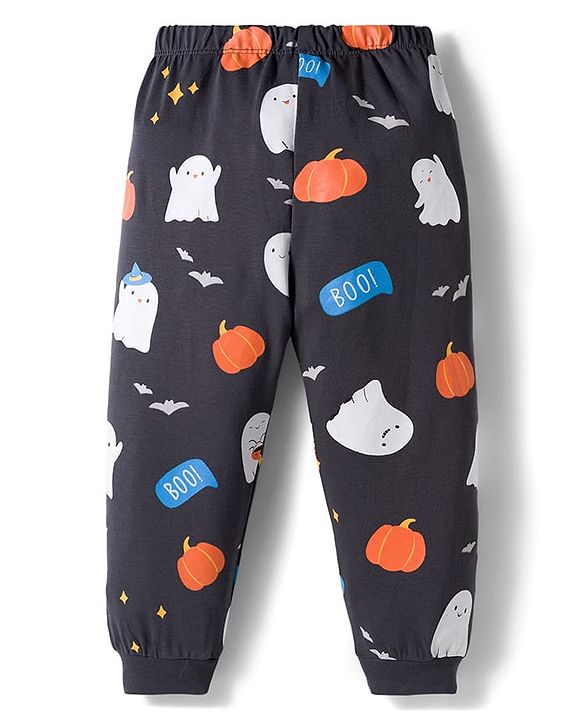 Babyhug Cotton Knit Full Sleeve Night Suit with Ghost Print - Charcoal Grey