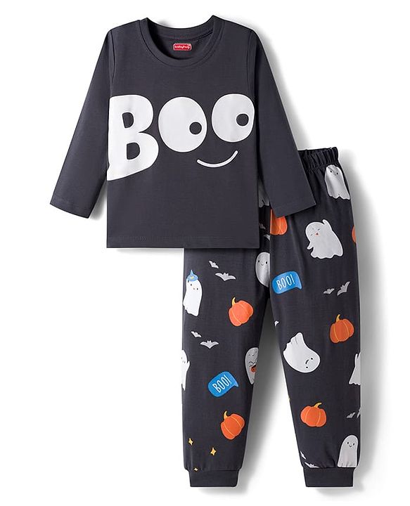 Babyhug Cotton Knit Full Sleeve Night Suit with Ghost Print - Charcoal Grey