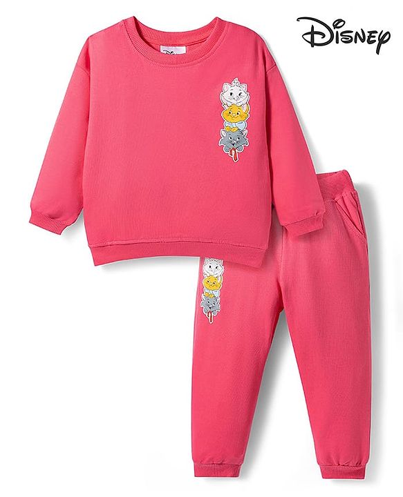 Babyhug Disney Terry Knit Full Sleeves Sweatshirt and Track Pant Set with Marie Graphic - Pink