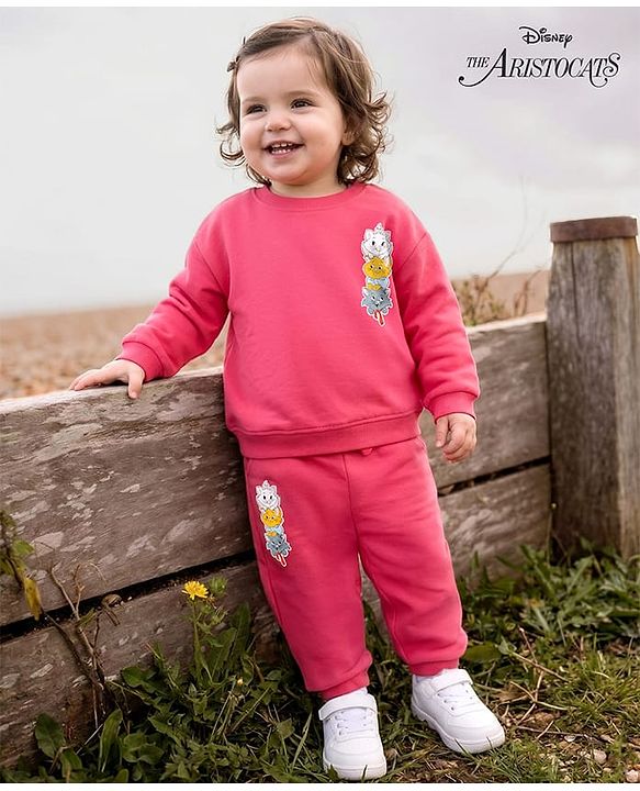 Babyhug Disney Terry Knit Full Sleeves Sweatshirt and Track Pant Set with Marie Graphic - Pink