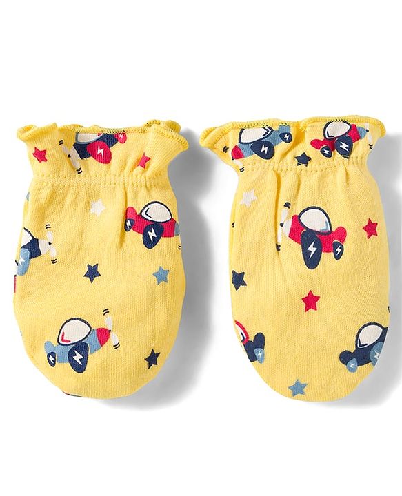 Babyhug 100% Cotton Knit Mittens and Bootie Set with Vehicle - Yellow
