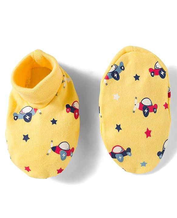 Babyhug 100% Cotton Knit Mittens and Bootie Set with Vehicle - Yellow