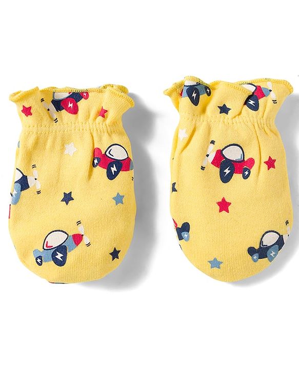 Babyhug 100% Cotton Knit Mittens and Bootie Set with Vehicle - Yellow