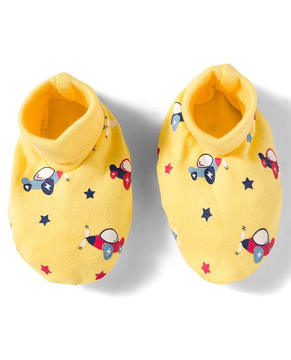 Babyhug 100% Cotton Knit Mittens and Bootie Set with Vehicle - Yellow