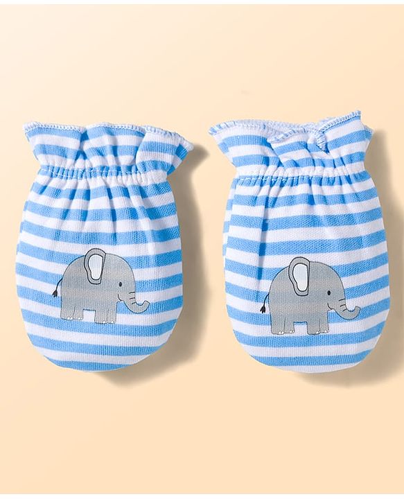 Babyhug 100% Cotton Knit Mittens and Bootie Set with Stripes & Animal Print - White & Blue