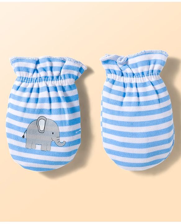 Babyhug 100% Cotton Knit Mittens and Bootie Set with Stripes & Animal Print - White & Blue