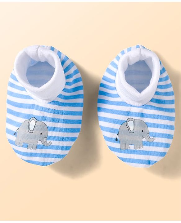 Babyhug 100% Cotton Knit Mittens and Bootie Set with Stripes & Animal Print - White & Blue