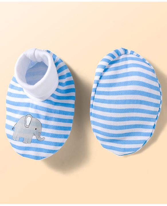 Babyhug 100% Cotton Knit Mittens and Bootie Set with Stripes & Animal Print - White & Blue