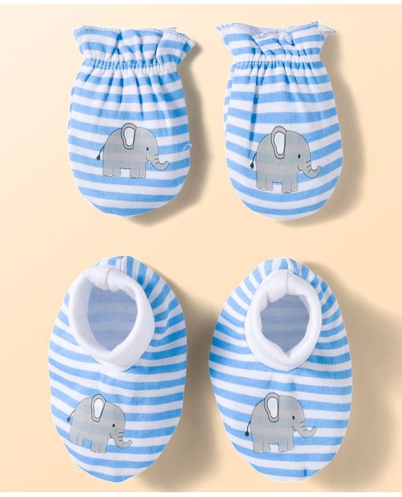Babyhug 100% Cotton Knit Mittens and Bootie Set with Stripes & Animal Print - White & Blue