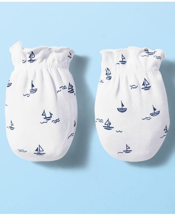 Babyhug 100% Cotton Knit  Mittens & Booties Set with Nautical Print - White