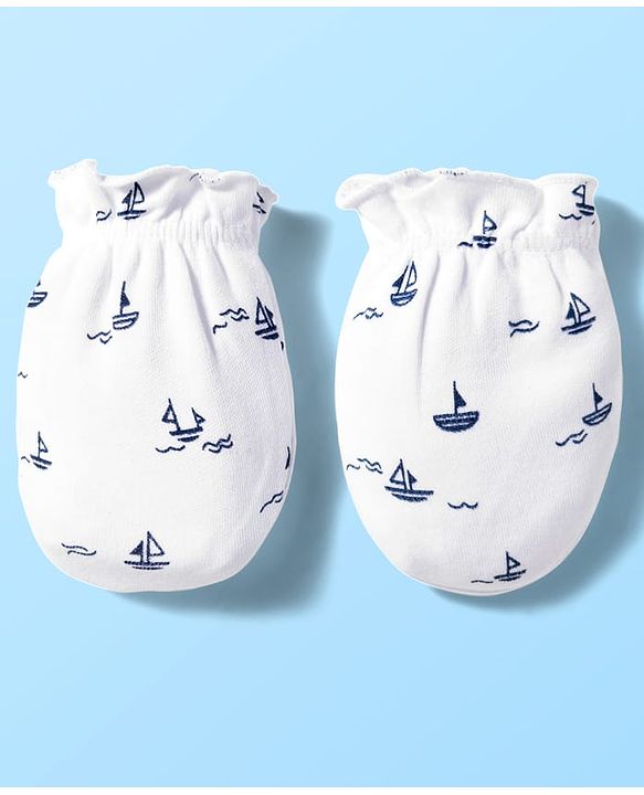 Babyhug 100% Cotton Knit  Mittens & Booties Set with Nautical Print - White