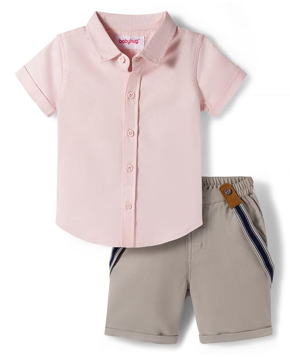 Babyhug Cotton Woven Half Sleeves Solid Color Shirt and Shorts Set With Suspender - Pink & Grey