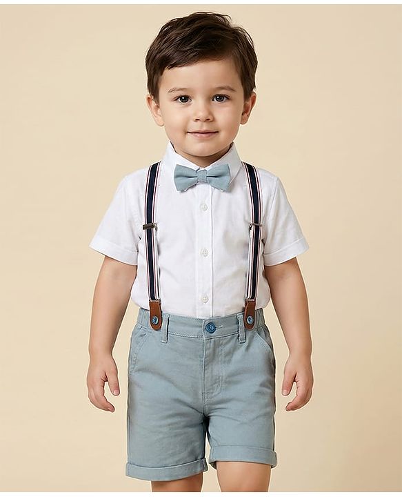 Babyhug Cotton Woven Half Sleeves Shirt & Short Set With Bow & Suspender - White