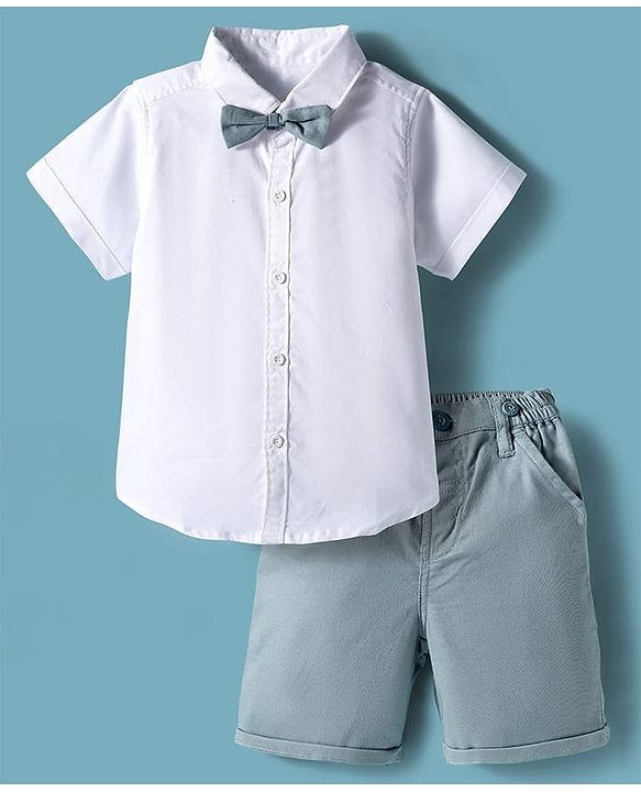 Babyhug Cotton Woven Half Sleeves Shirt & Short Set With Bow & Suspender - White