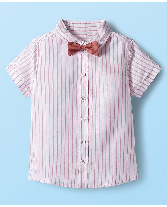 Babyhug Cotton Woven Half Sleeves Striped Shirt & Shorts Set with Bow - Pink