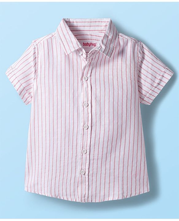 Babyhug Cotton Woven Half Sleeves Striped Shirt & Shorts Set with Bow - Pink